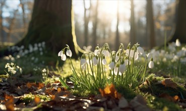 Snowdrops spread on a forest floor with sunlight filtering through the trees AI generated