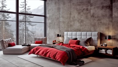 Cozy modern bedroom with large windows overlooking mountains and a striking red blanket on the bed,