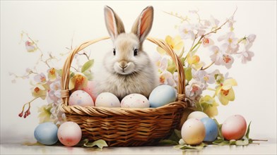 Bunny in a basket with Easter eggs surrounded by flowering branches AI generated