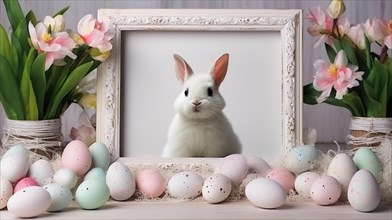 Easter bunny and Easter eggs on wooden background with spring flowers. Bunny near empty white frame