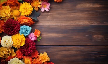 Cheerful floral arrangement with a burst of orange, yellow, and blue colors on wooden background AI