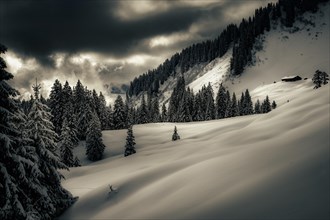Lonely mountain hut in a snowy winter landscape, Balderschwang, Oberallgaeu, Bavaria, Germany,