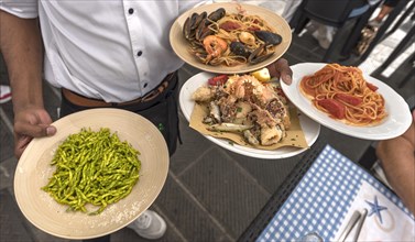 Waiter serves trofie al pesto alla genoves, seafood, spaghetti al pomodoro to a table, Genoa,