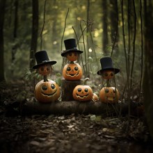 Mystical Halloween pumpkins with top hats in a dark forest, pumpkins with personality, AI-Generated