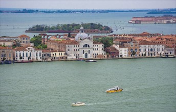Aerial view from the Bell Tower (Campanile di San Marco) with islands, boats and gondolas in