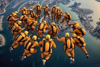 Skydivers flying in a rounded formation over Dubai, AI Generated, AI generated