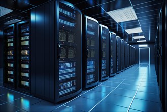 A modern data center with rows of server racks, high technology, artificial intelligence AI and