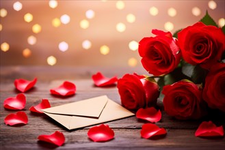 Vibrant red roses, a romantic valentine love letter in an elegant envelope, and scattered rose