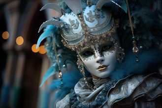 A person adorned in an elaborate and elegant costume, capturing the essence of the Venice Carnival