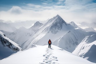 A mountaineer in mountains approaching a majestic snowy mountain peak amidst a snowfall and snow