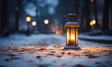 Christmas lantern with snow and bokeh background. Festive decoration AI generated