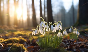 Snowdrops growing in a forest illuminated by the morning sunlight AI generated