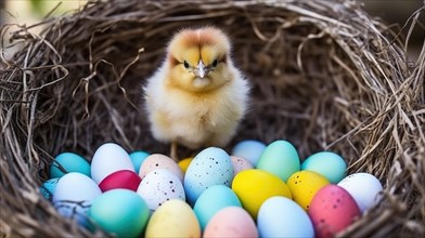 A fluffy chick stands amidst colorful Easter eggs in a nest, symbolizing spring and festivity AI