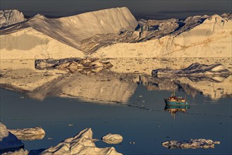 Boat in front of icebergs, reflection, midnight sun, summer, Ilulissat Icefjord, Disko Bay,