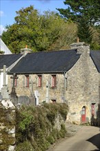 Old houses on the Rue de l'Eglise, Abbey cemetery, Daoulas, Finistere Pen ar Bed department,