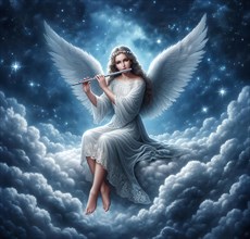 An angel sits on a cloud and plays the flute, kitsch, AI generated, AI generated
