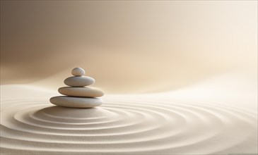 Zen stones stack on raked sand in a minimalist setting for balance and harmony. Balance, harmony,