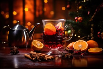 Glass of traditional mulled wine with orange and cranberry garnishes on a cozy Christmas table. The