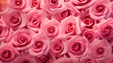 Valentine day background of close-up view of a beautiful mix of pink roses, symbolizing love and