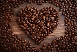A heart-shaped arrangement of rich, dark coffee beans set against a contrasting wooden background,