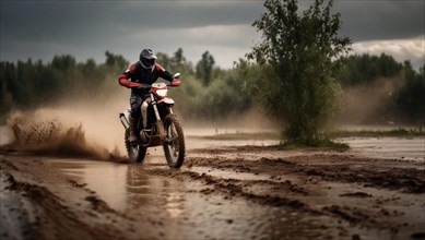 Motocross on an enduro motorcycle through mud and sand, a motorcyclist in gear and a helmet rides