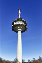 Telecommunication tower on mountain top, blue sky, Koeterberg, Luegde, Weserbergland, North