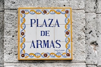 Street sign, tiles, Plaza de Armas, centre of Havana, Centro Habana, Cuba, Greater Antilles,