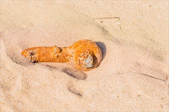 Rusted metal pipe laying in the sand at a beach