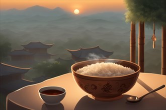 A Bowl Filled With steaming Rice, sauce and a spoon, on a wooden rustic table on a terrace facing