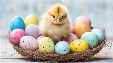 A fluffy chick sits amidst a nest filled with pastel-colored, speckled Easter eggs AI generated