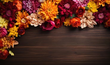 A vibrant and festive flower arrangement with a variety of blooms on a wooden backdrop AI generated