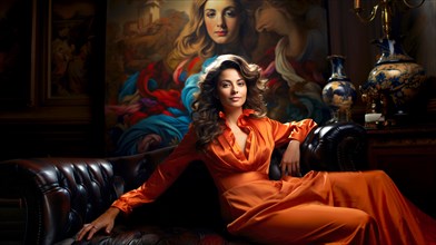 Beautiful young woman dressed in an orange dress, sitting in a salon on a black leather sofa, in