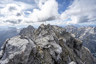Rocky mountain peak on a narrow ridge, summit of the Watzmann Mittelspitze, Watzmann crossing,