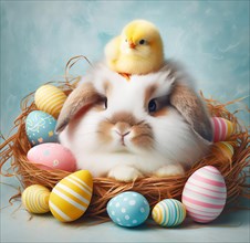 Easter, Easter festival, the Easter bunny sits with a chick in an Easter nest with colourful Easter