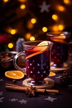 Two glasses of traditional mulled wine with orange and cranberry garnishes on a cozy Christmas