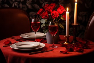 Table prepared for Valentine's Day dinner with red roses, and wine glasses filled, lit candles, and