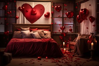 A cozy bedroom adorned with red and white heart-shaped balloons, rose petals, and candles creating
