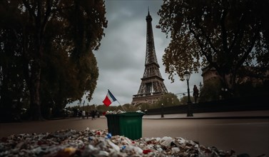 Garbage on the streets of Paris after sports competitions and concerts. Concept of the Olympic