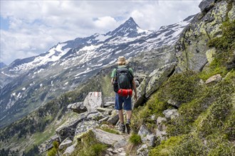 Mountaineer on rocky hiking trail, Berliner Hoehenweg, mountain panorama with summit Schrammacher,