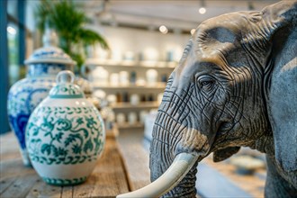 Detailed elephant statue stands in front of blue and white porcelain vases in a tastefully