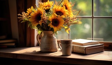 A serene setting with sunflowers, coffee, and an open book in soft morning light AI generated