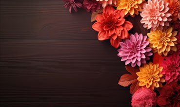 Richly colored red and orange flowers arranged on a dark background with ample space AI generated