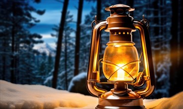Vintage kerosene lamp on snow in winter forest. Travel concept AI generated