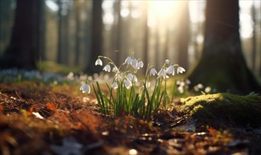 Morning sunbeams shining on snowdrops on a forest floor AI generated