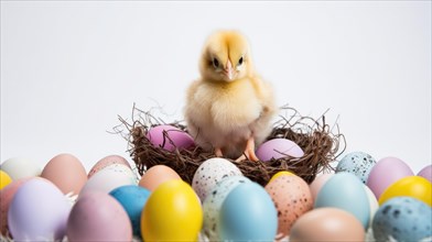 Cute chick stands in a nest with pastel-shaded Easter eggs AI generated