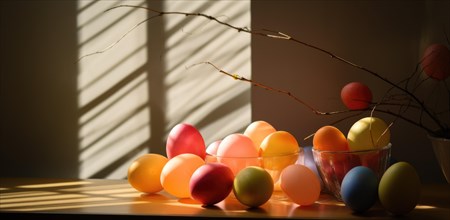 Pastel colored Easter eggs on a table with a warm light casting shadows, evoking a festive spring