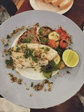 Grilled trout fish on a bed of quinoa with roasted vegetables and a lime wedge, healthy low-carb