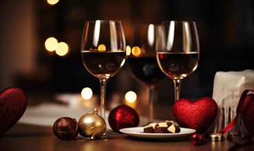 A romantic table setting featuring wine glasses, chocolates, and heart-shaped ornaments AI