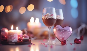 Charming table setting with wine glasses, chocolate cake, and heart-shaped decor AI generated