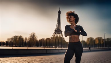 Woman athlete in Paris in sportswear against the background of the Eiffel Tower. Concept of the